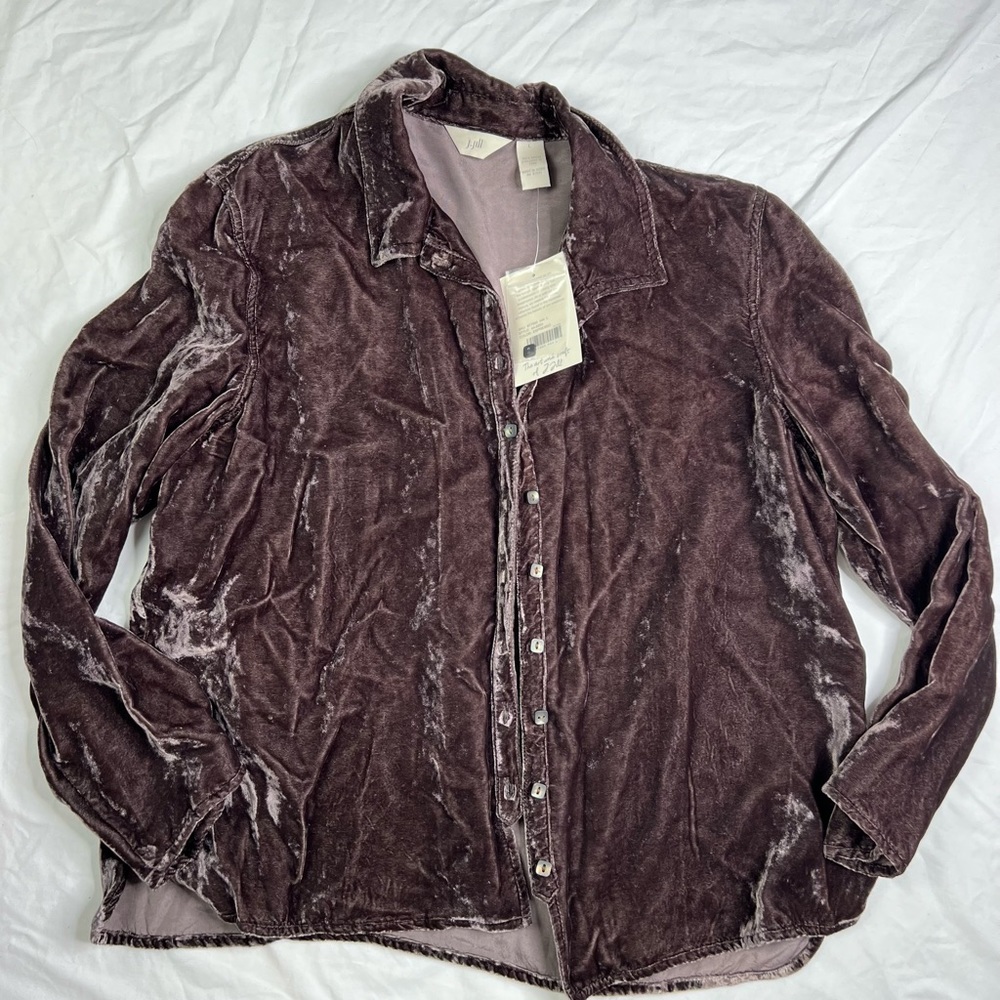 J Jill Women's Large Shirt Button Up Shirt Brown Velour Shiny Stretch A040723